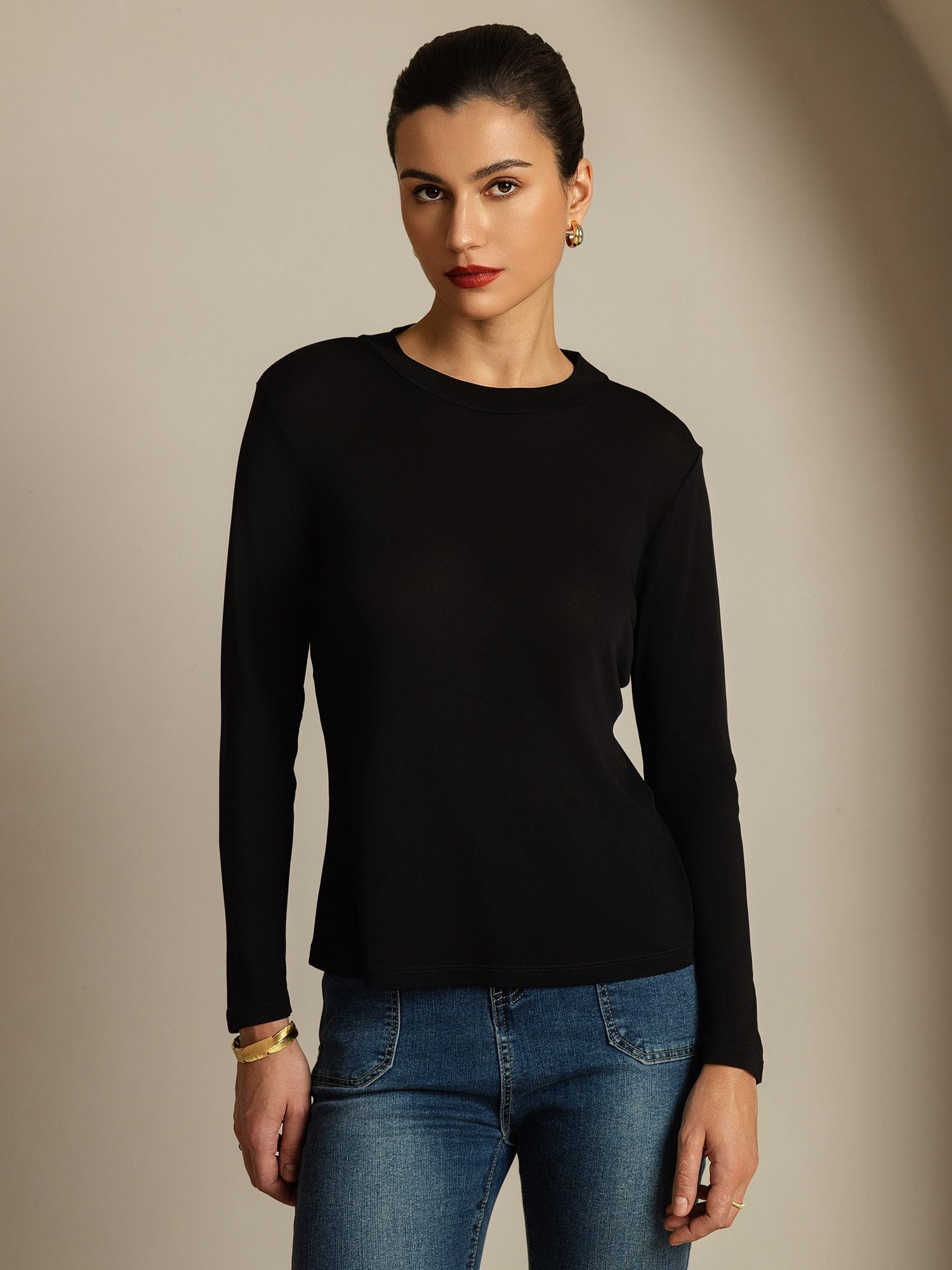 [Black] SilkSilky Pure Silk Round Neck Women's T-Shirt 001