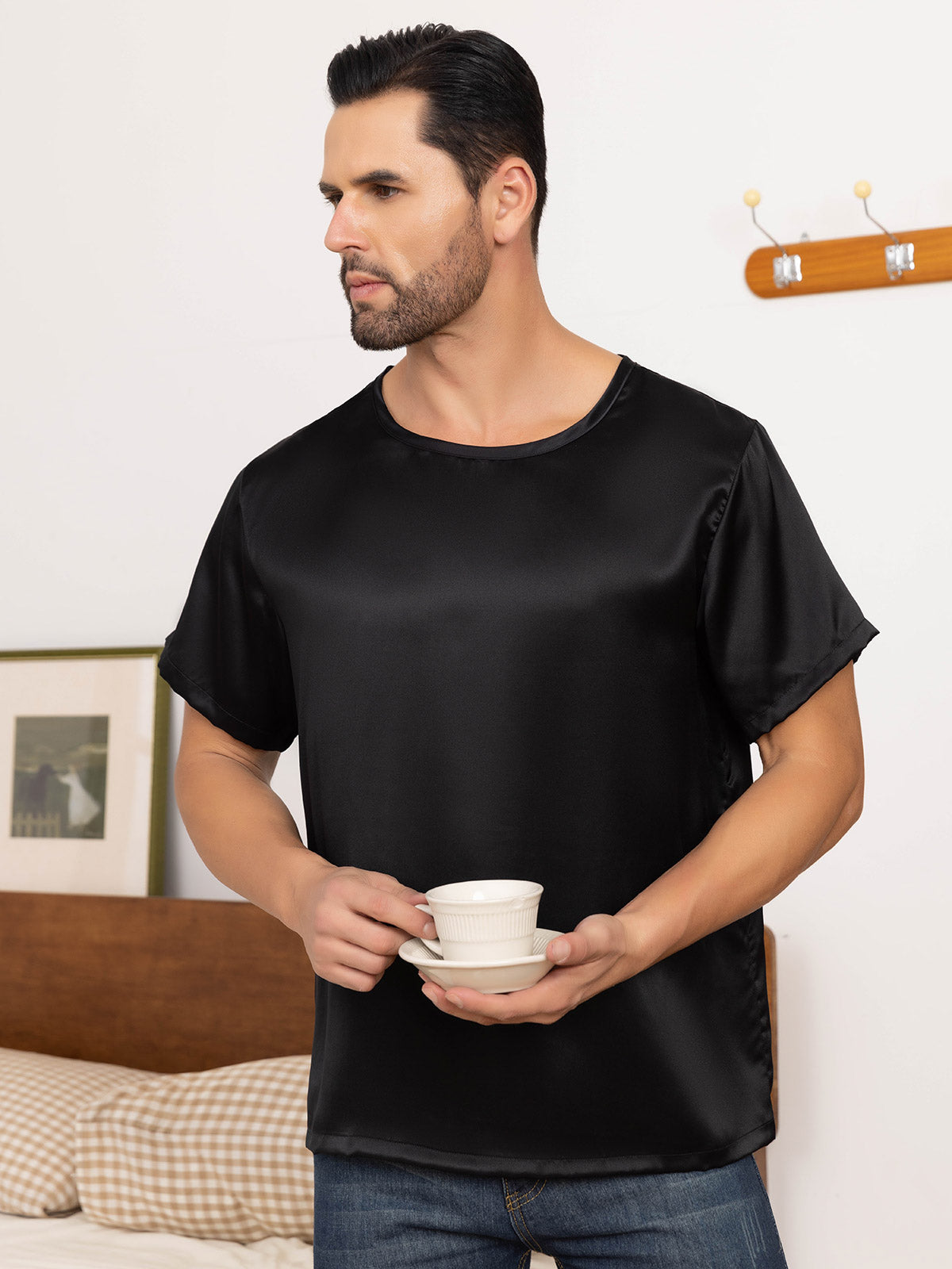 SilkSilky US Pure Silk Short Sleeve Round Neck Men's T Shirt Black 005