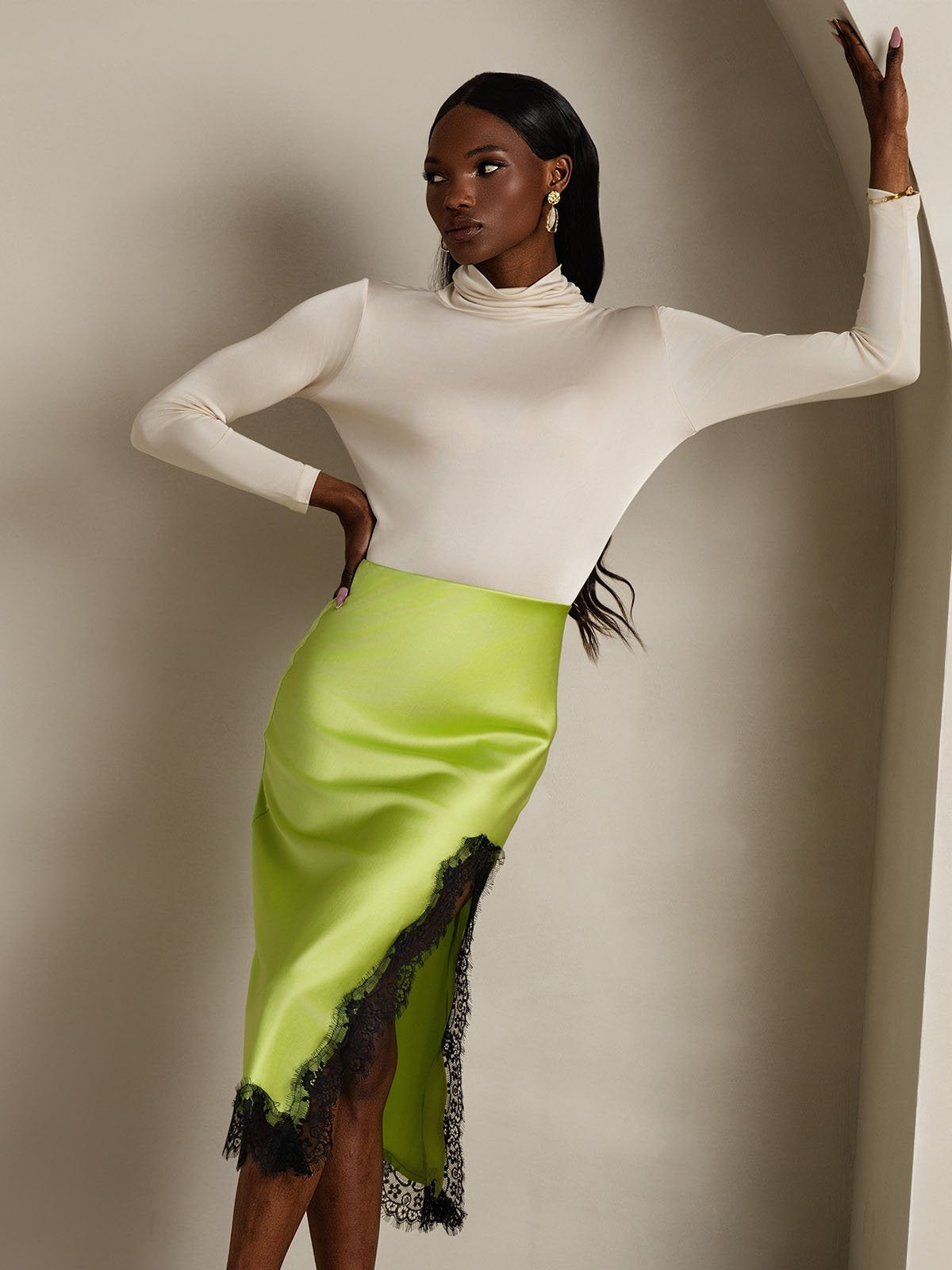 [Beige] SilkSilky  Silk Long Sleeve High Neck Women's T-Shirt 001