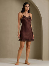 [Brown] SilkSilky  Spaghetti Strap V Neck Nightgown 007
