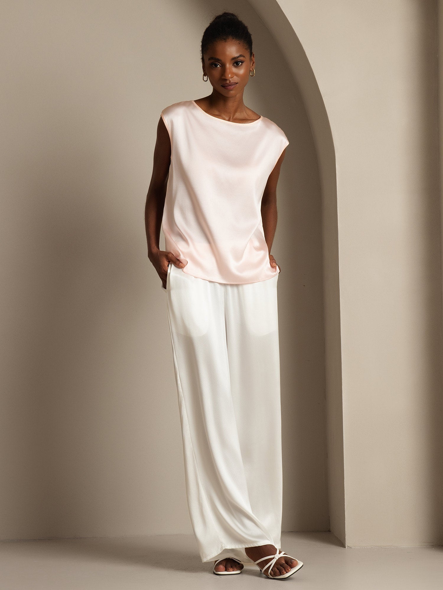 [Pink] SilkSilky  19Momme Silk Round Neck Women's T-Shirt 006,