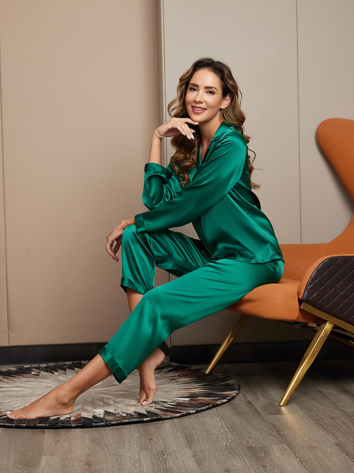 SilkSilky  Pure Silk Long Sleeve Lapel Women's Pajamas Green 005