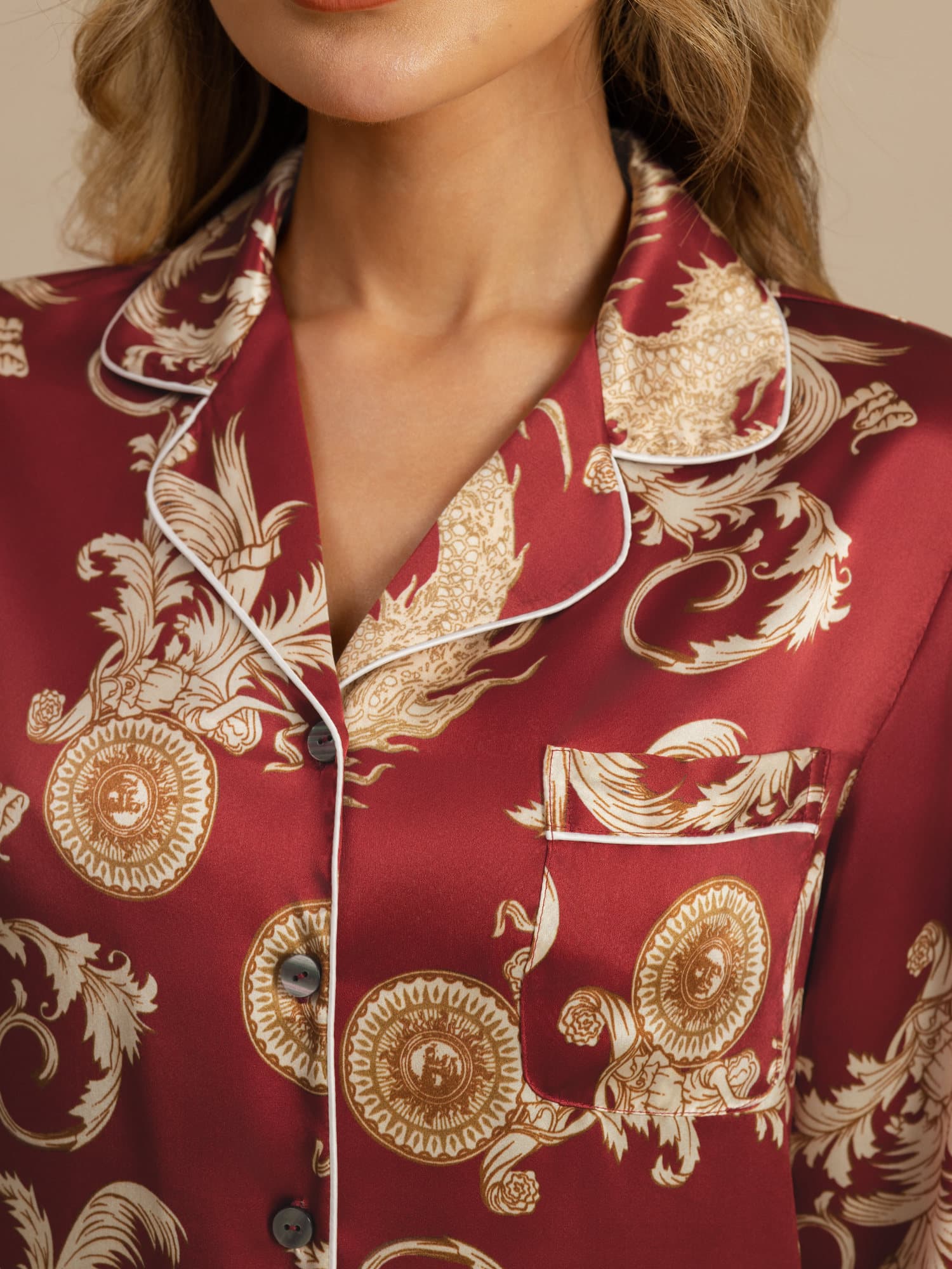 [Wine Dragon] SilkSilky  Long Sleeve Notch Collar Women's Pajamas 004