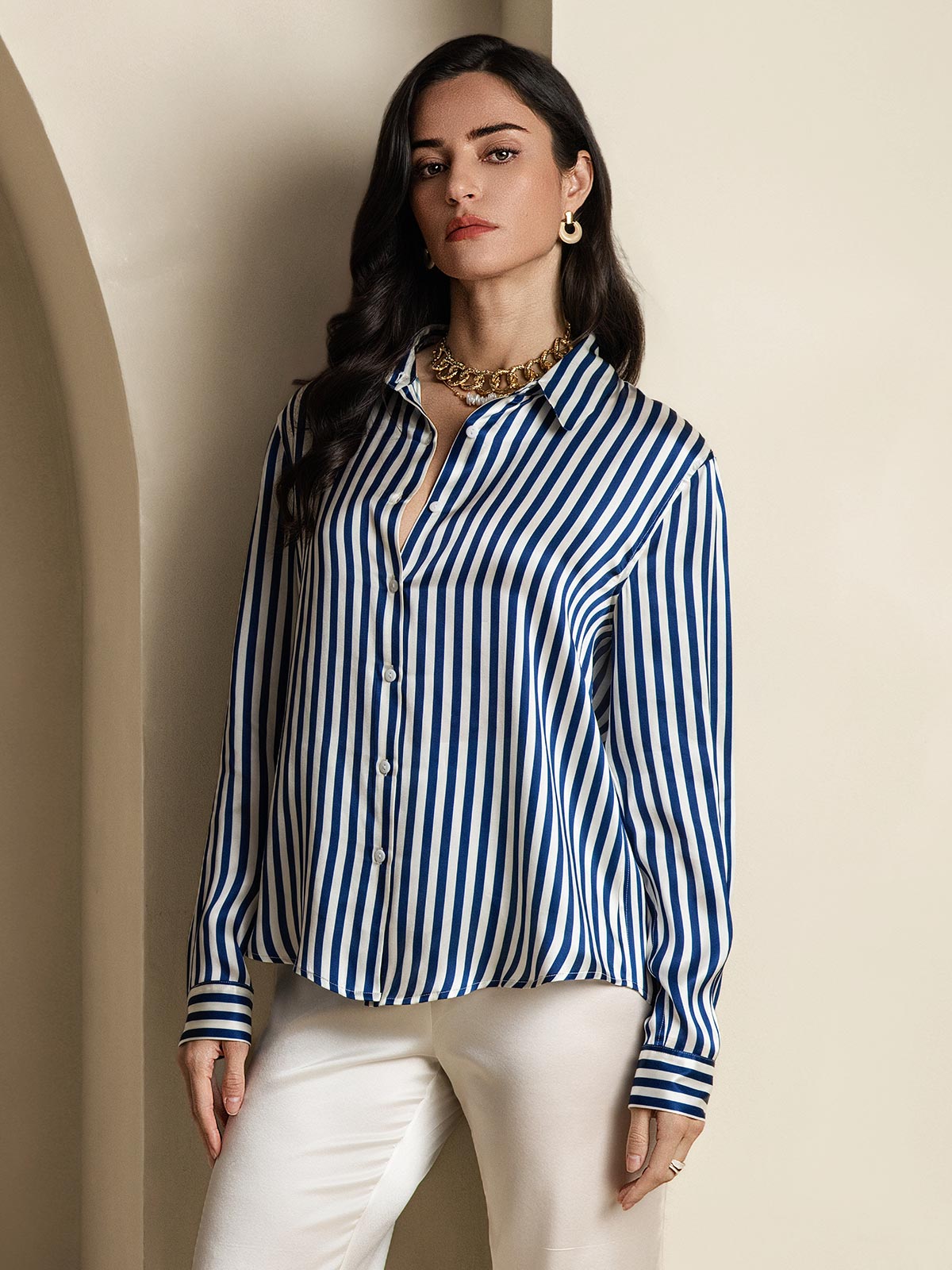 [Navy Stripe] SilkSilky  Silk Lapel Collar Women's Shirt 004,