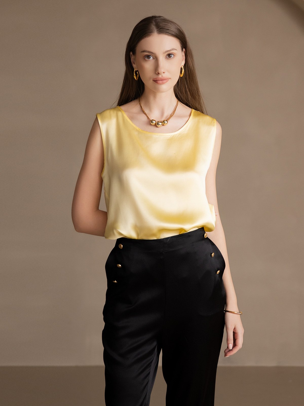[Light Yellow] SilkSilky  19Momme Silk Round Neck Camisole Top 004