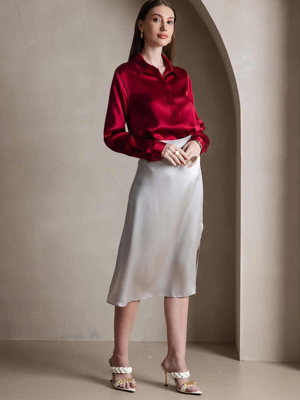 [Wine] SilkSilky  19Momme Silk Long Sleeve Lapel Collar Women's Shirt 006