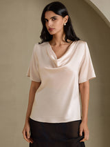 [Beige] SilkSilky  Short Sleeve Cowl Neck Women's Blouse 003