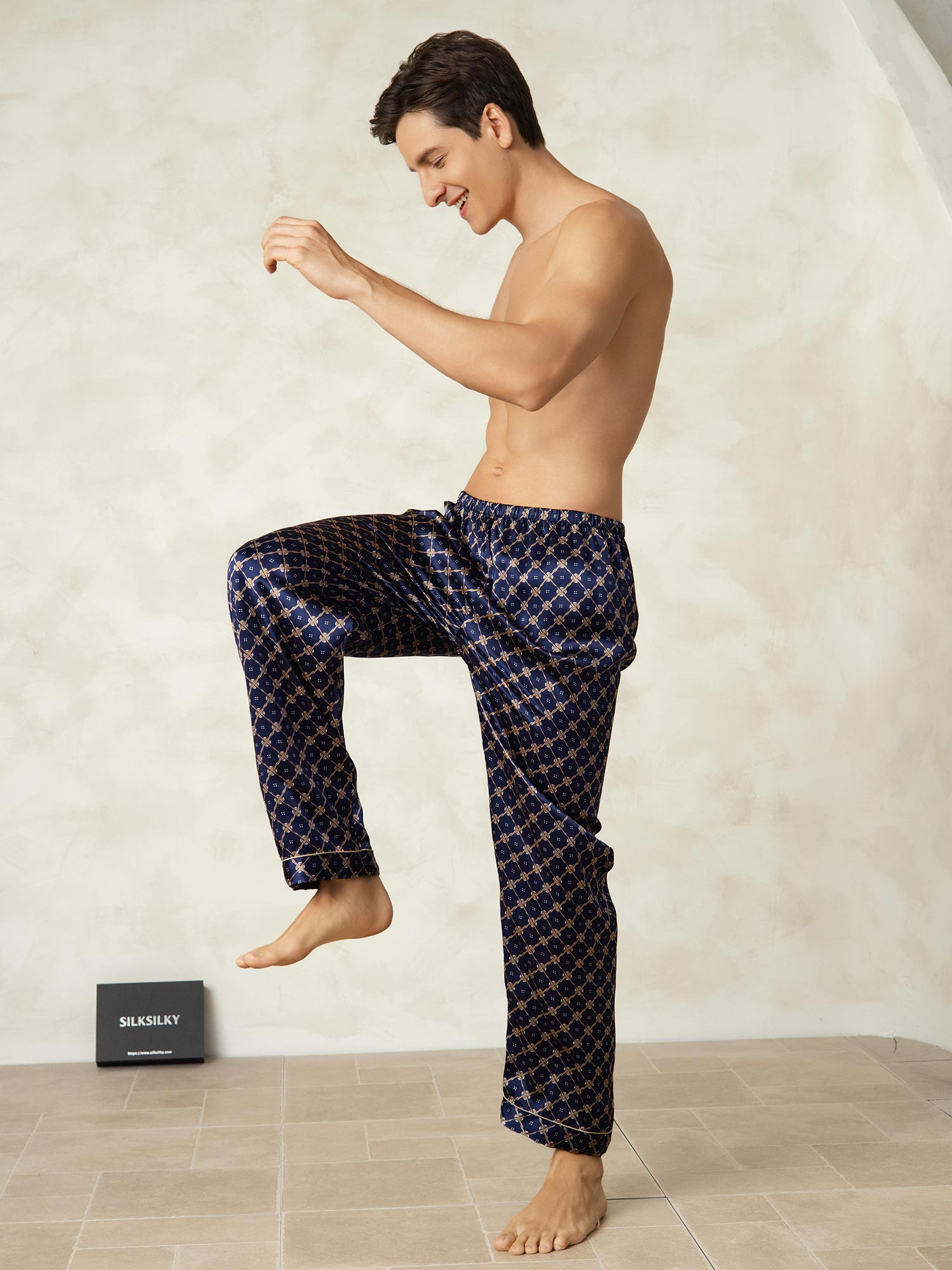 [Navy Chain] SilkSilky  Pure Silk Mens Sleep Bottoms 005