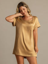 [Tan] SilkSilky  19Momme Machine-Washable Silk Short Sleeve Round Neck Nightgown 006