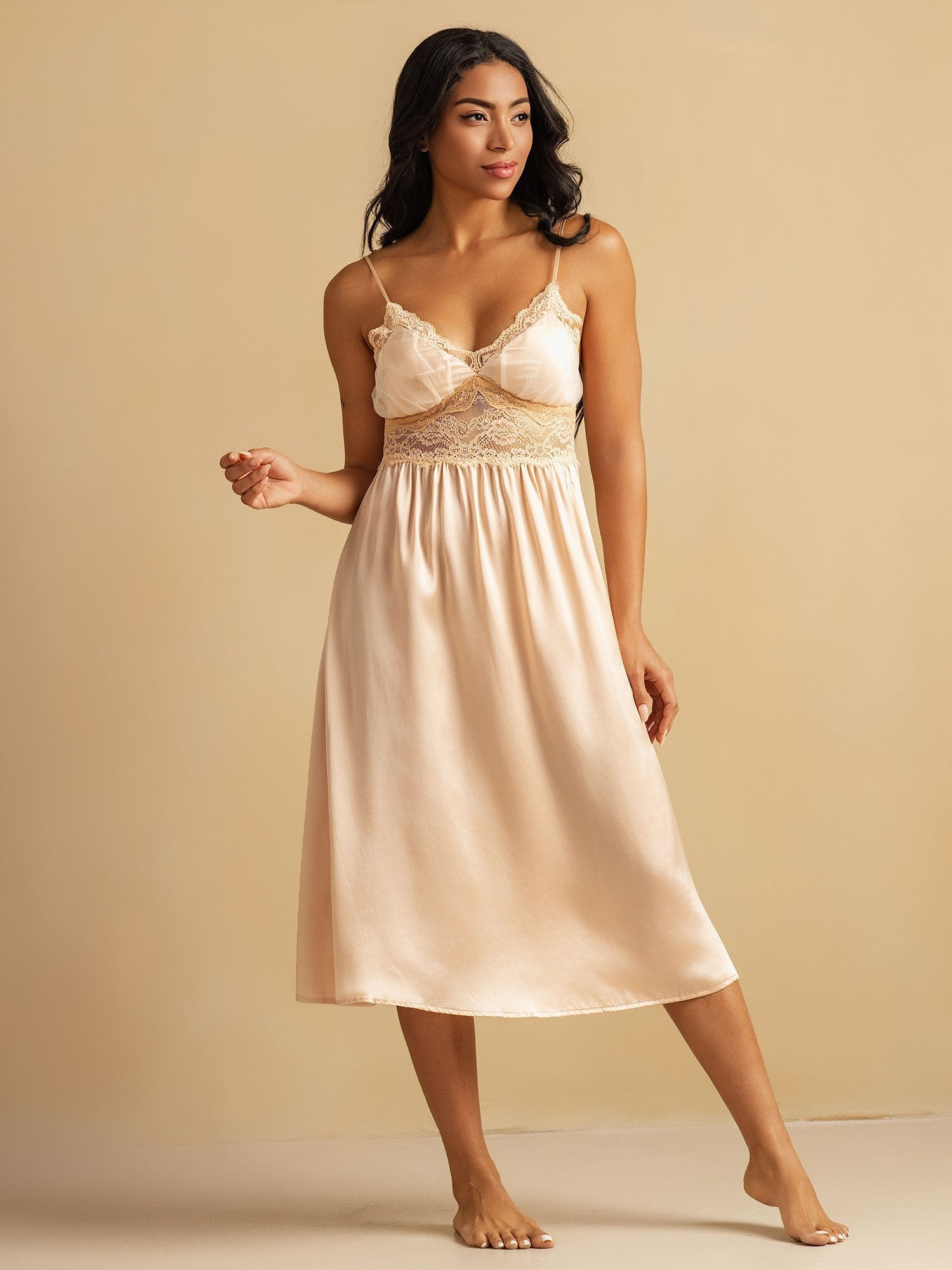 [Light Pink] SilkSilky Spaghetti Strap Deep V Neck Nightgown 001