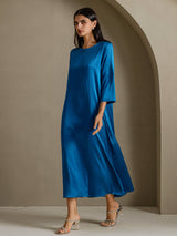 [Teal] SilkSilky 3/4 Sleeve Round Neck Dress 006