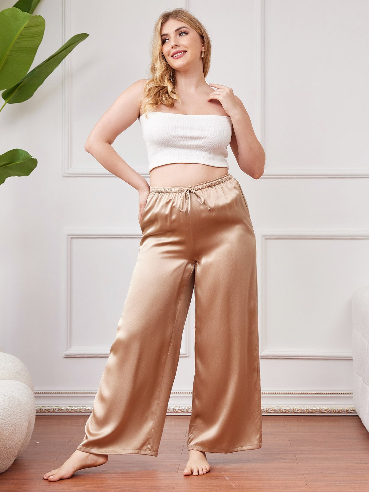 SilkSilky US Pure Silk Plus Size Womens Pants Champagne 001