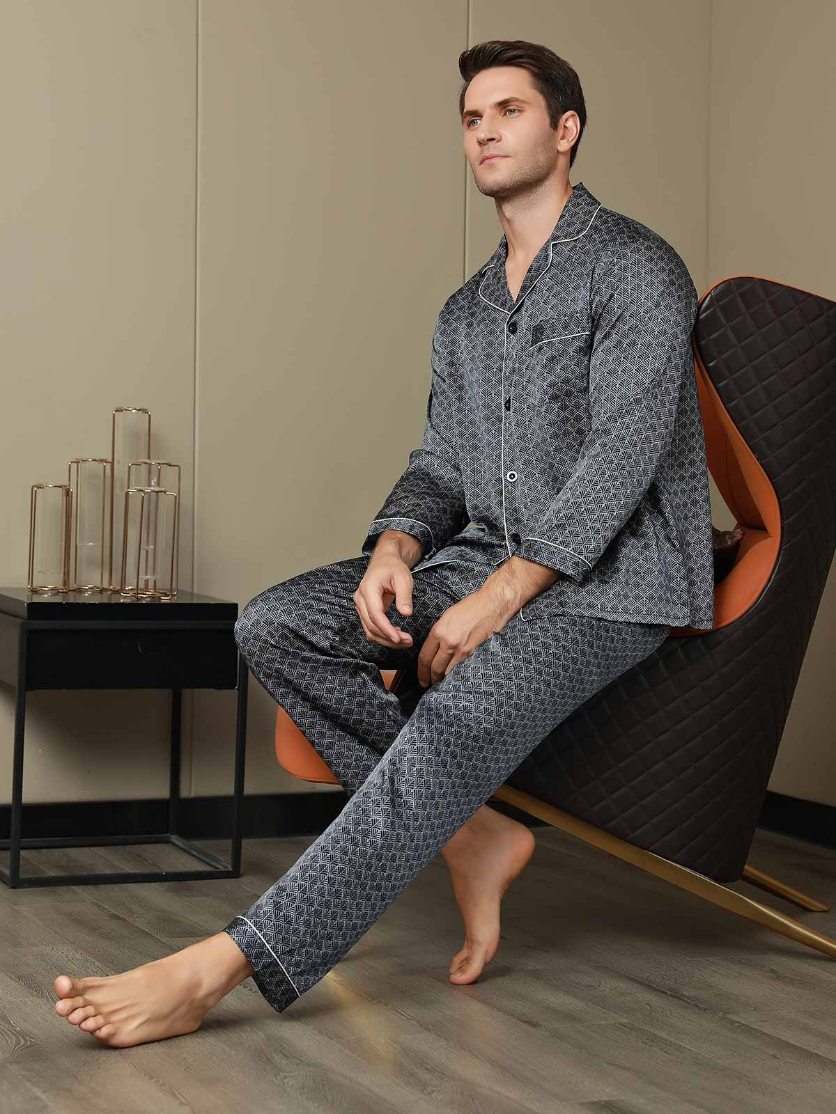 SilkSilky US 19Momme Pure Silk Long Sleeve Lapel Men's Pajamas DarkBlue 003