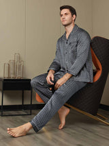 [Navy Ginkgo] SilkSilky  19Momme Long Sleeve Notch Collar Men's Pajamas 011