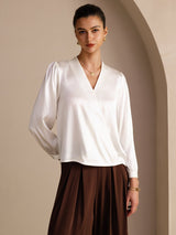 [White] SilkSilky Long Sleeve Wrap Women's Blouse 003