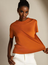 [Orange] SilkSilky  100% Silk Jersey Short Sleeve Mock Neck Women's T-Shirt 001