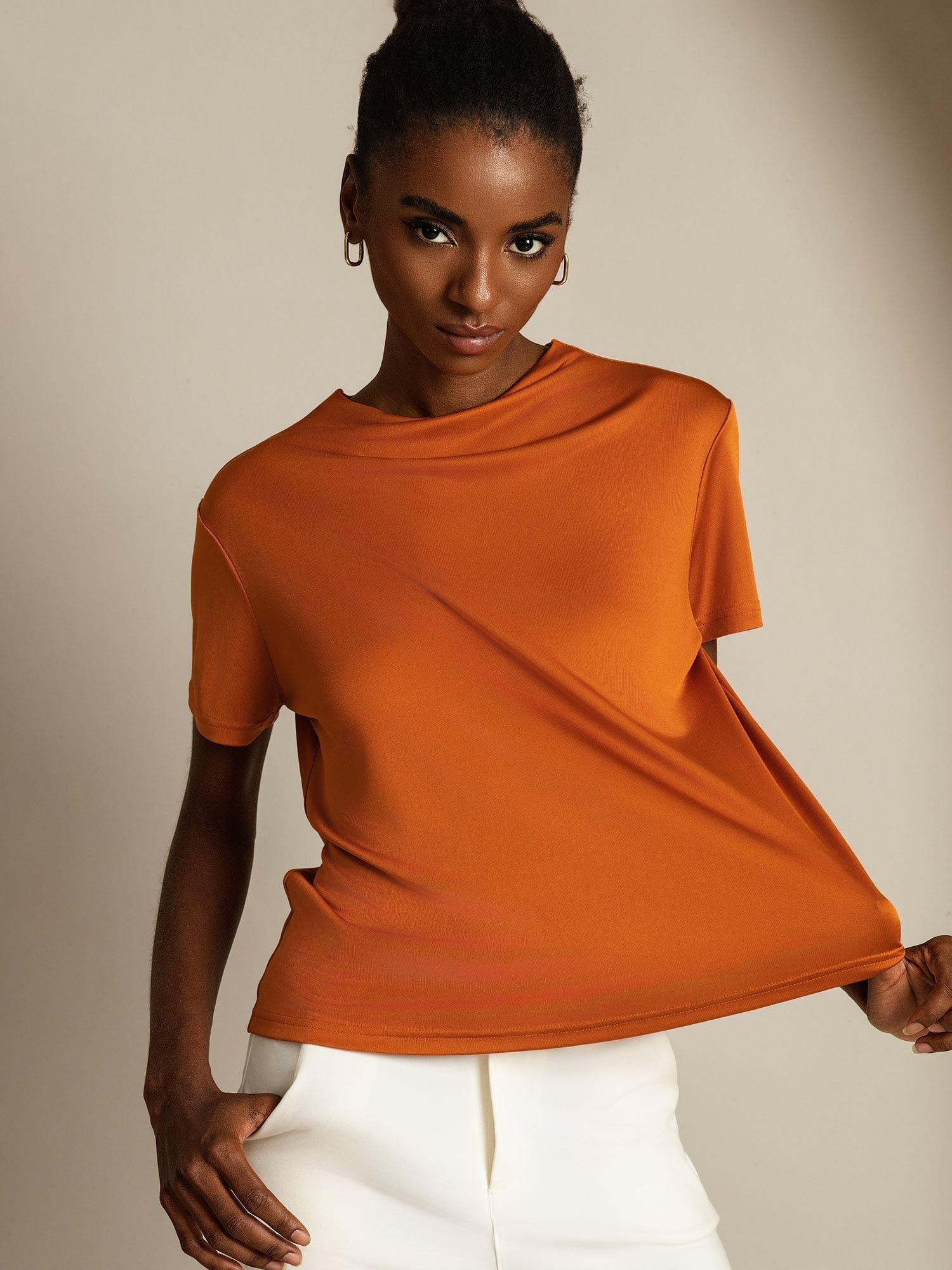 [Orange] SilkSilky  100% Silk Jersey Short Sleeve Mock Neck Women's T-Shirt 001