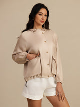 [Tan] SilkSilky Silk Satin Surah Long Sleeve High Neck Women's Outerwear 005