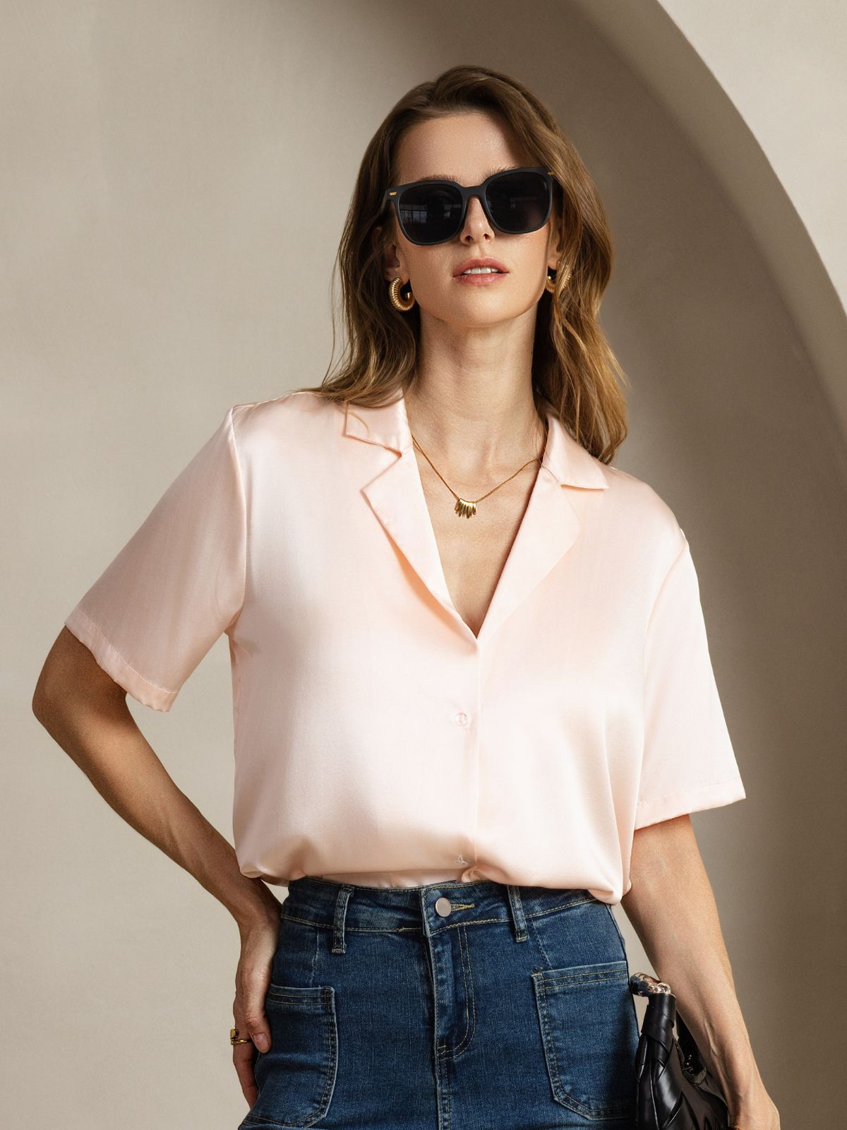 [Pink] SilkSilky  19Momme Silk Notched Neck Women's Shirt 001