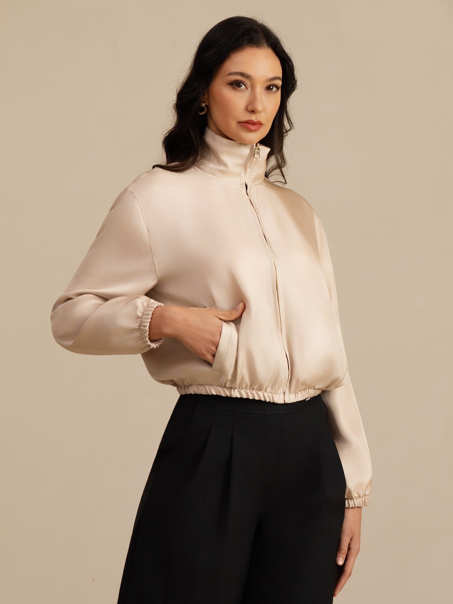 [Tan+Pink] SilkSilky  18Momme Silk Satin Surah Long Sleeve Stand Collar Women's Outerwear 004