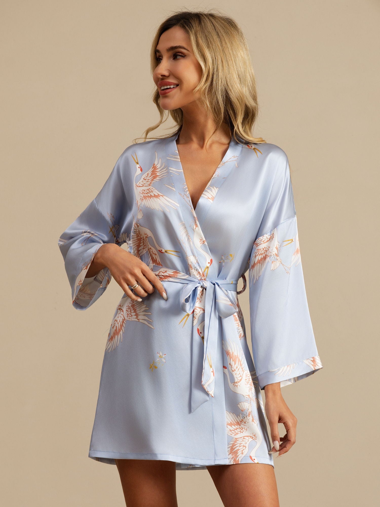 [Light Blue] SilkSilky  3/4 Sleeve Deep V Neck Women's Robe 001
