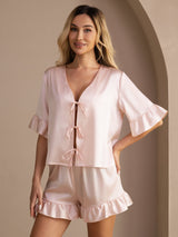 [Pink] SilkSilky Short Sleeve V Neck Women's Pajamas 003