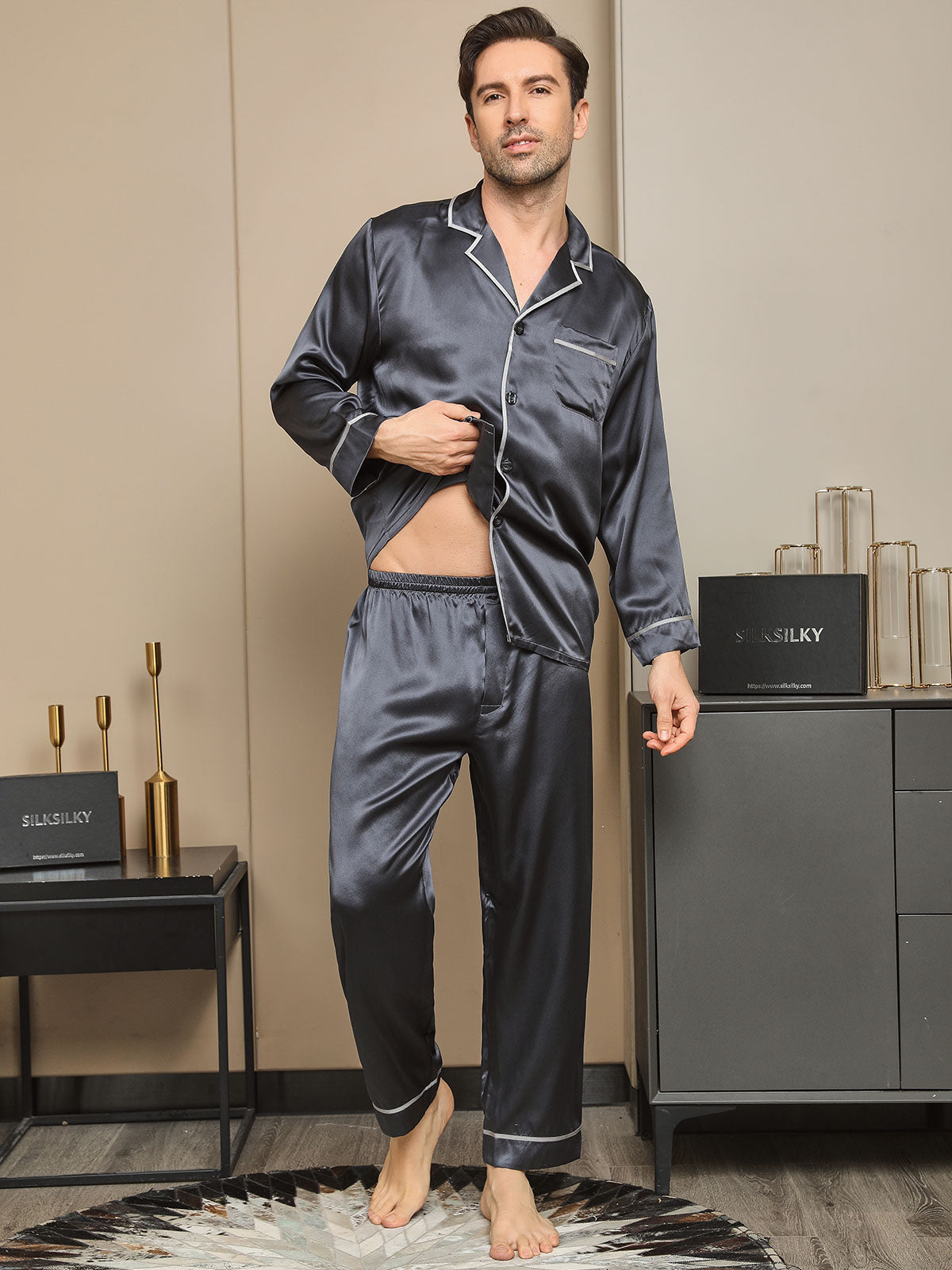 SilkSilky  19Momme Pure Silk Long Sleeve Lapel Men's Pajamas DarkGray 005