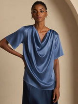 [Real Teal] SilkSilky  Short Sleeve Cowl Neck Women's Blouse 005