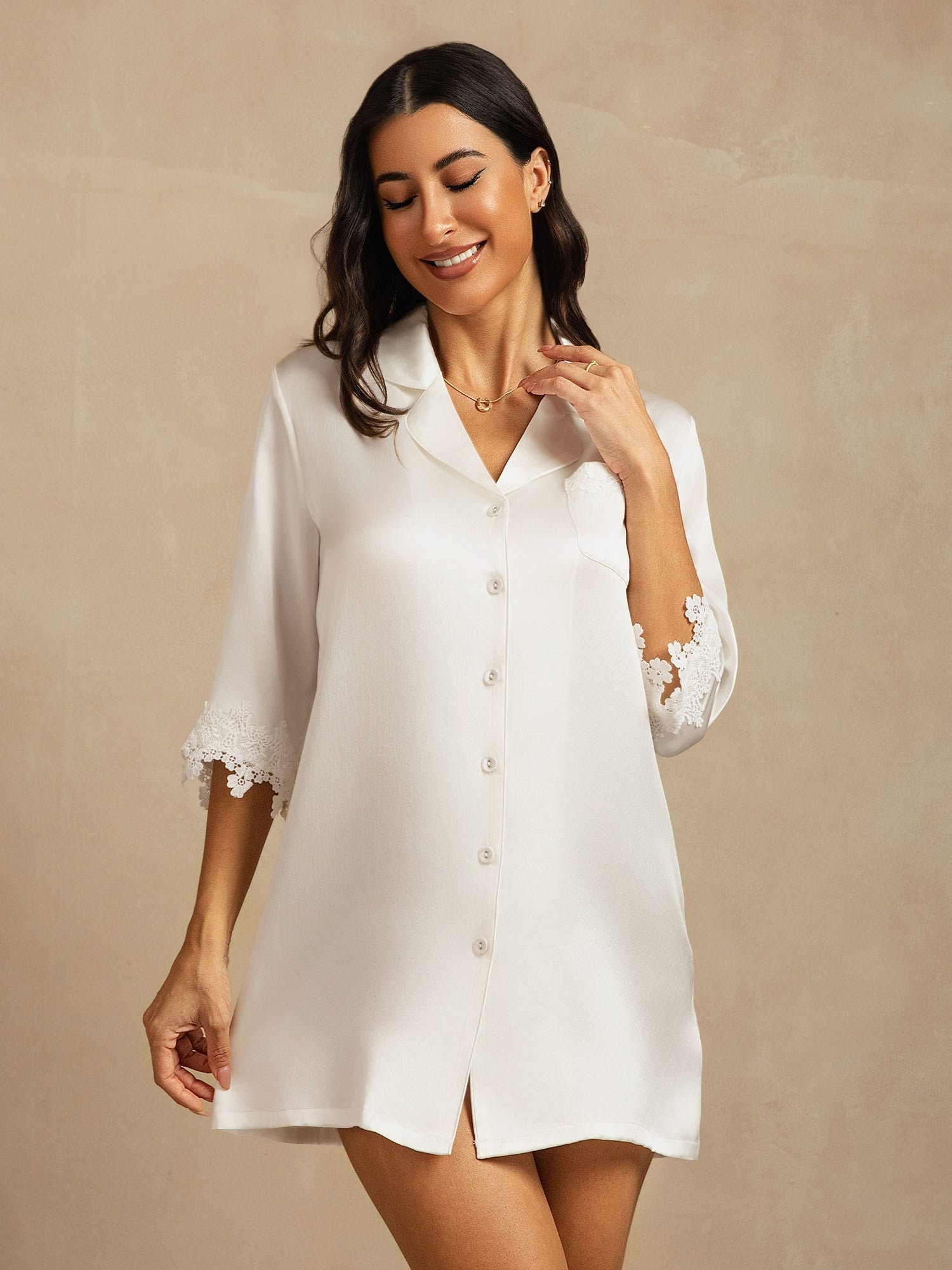 [White] SilkSilky Pure Silk Lapel Collar Nightshirt 005