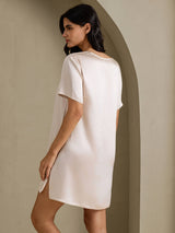 [Beige] SilkSilky  Half Sleeve V Neck Nightgown 002
