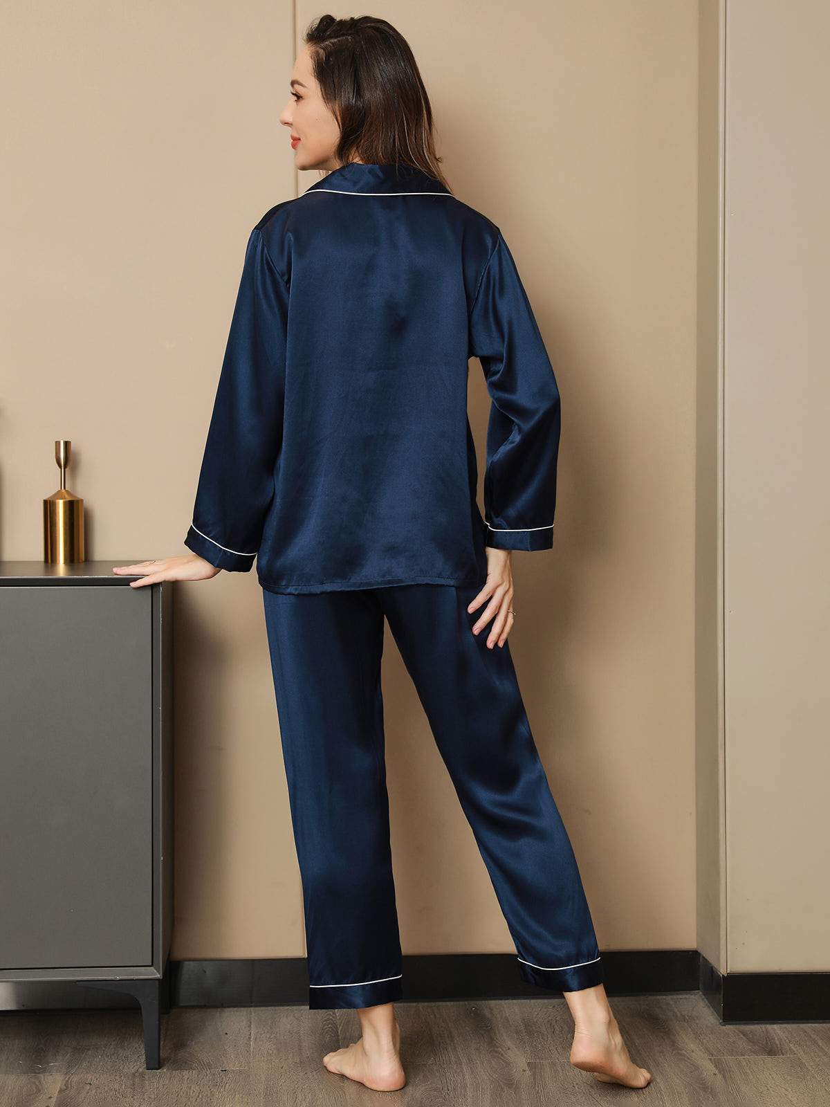 SilkSilky US Pure Silk Long Sleeve Lapel Women's Pajamas DarkBlue 002