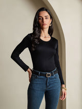 [Black] SilkSilky  Silk Jersey Long Sleeve Round Neck Women's T-Shirt 001