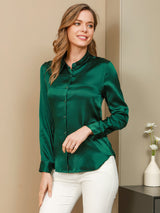 [Dark Green] SilkSilky  19Momme Stretch Silk Charmeuse Long Sleeve Lapel Collar Women's Shirt 001