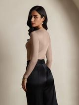 [Coffee] SilkSilky  Silk Jersey Long Sleeve Round Neck Women's T-Shirt 002