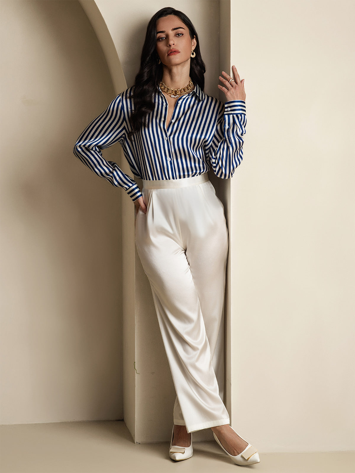 [Blue] SilkSilky  Silk Lapel Collar Women's Shirt 008