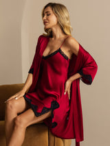 [Wine] SilkSilky  Half Sleeve V Neck Nightgown&Robe Set 001