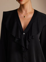 [Black] SilkSilky Long Sleeve Deep V Neck Women's Blouse 005