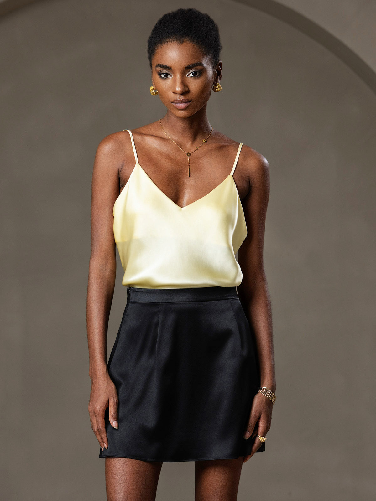 [Light Yellow] SilkSilky  Pure Silk V Neck Camisole Top 006