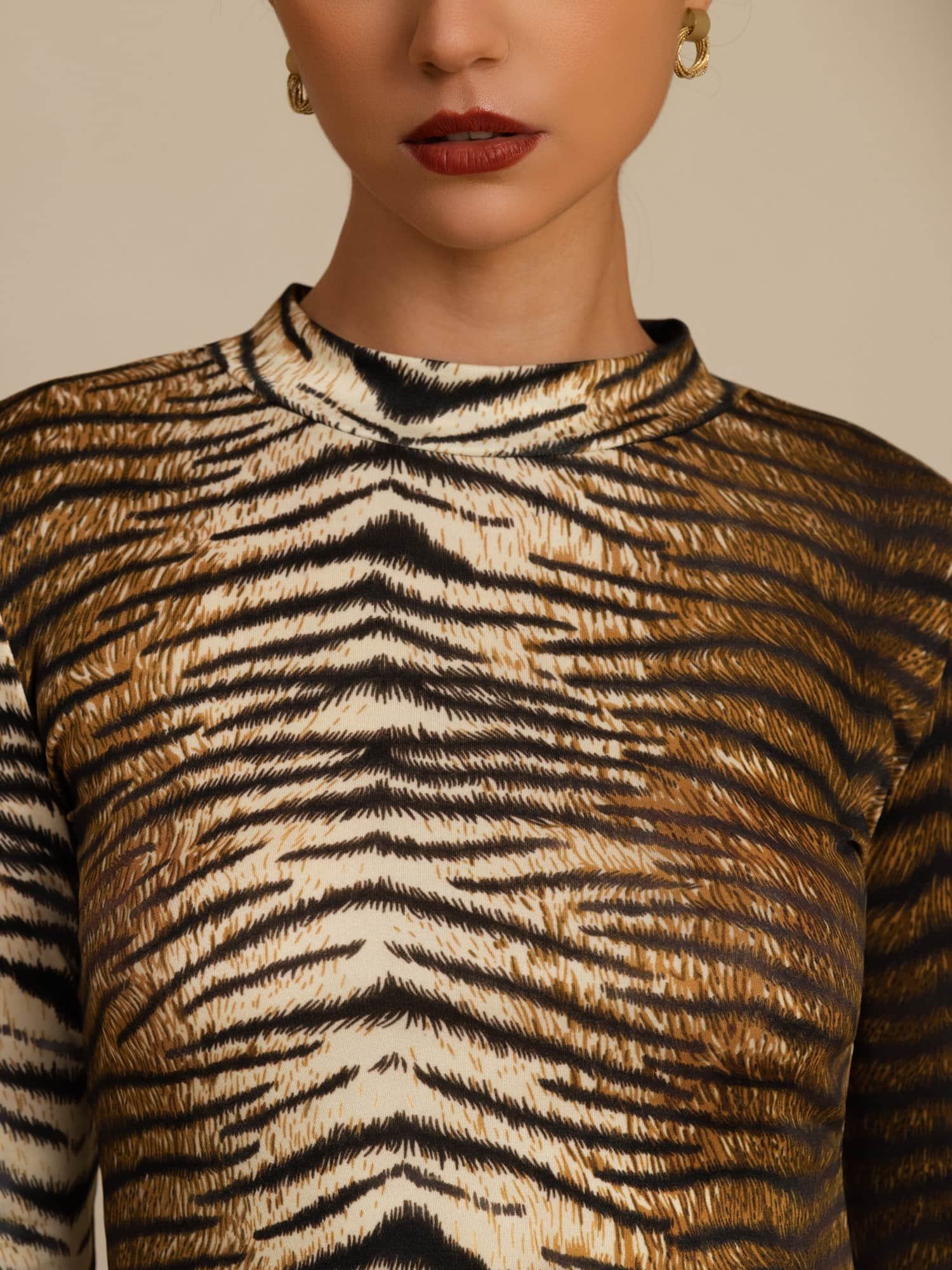 [Tiger] SilkSilky 100% Silk Jersey Long Sleeve Mock Neck Women's T-Shirt 006