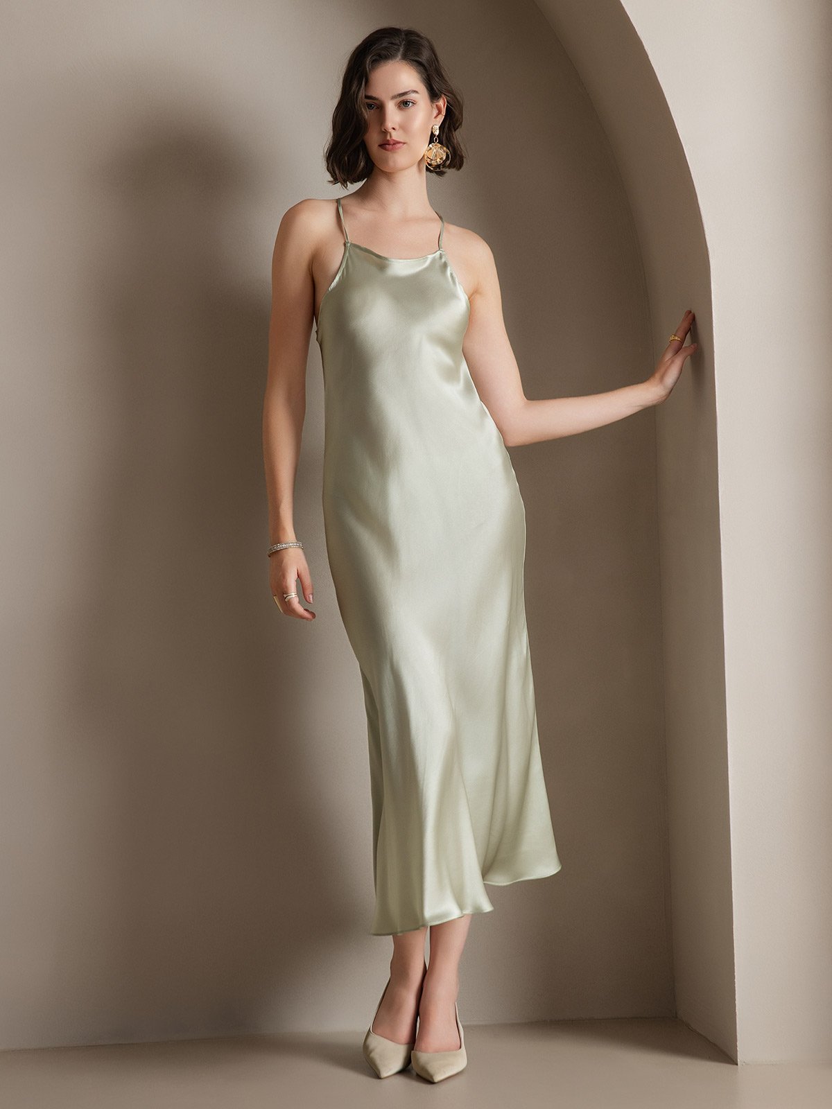 SilkSilky US 19Momme Silk Blend Sleeveless Dress LightGreen 005