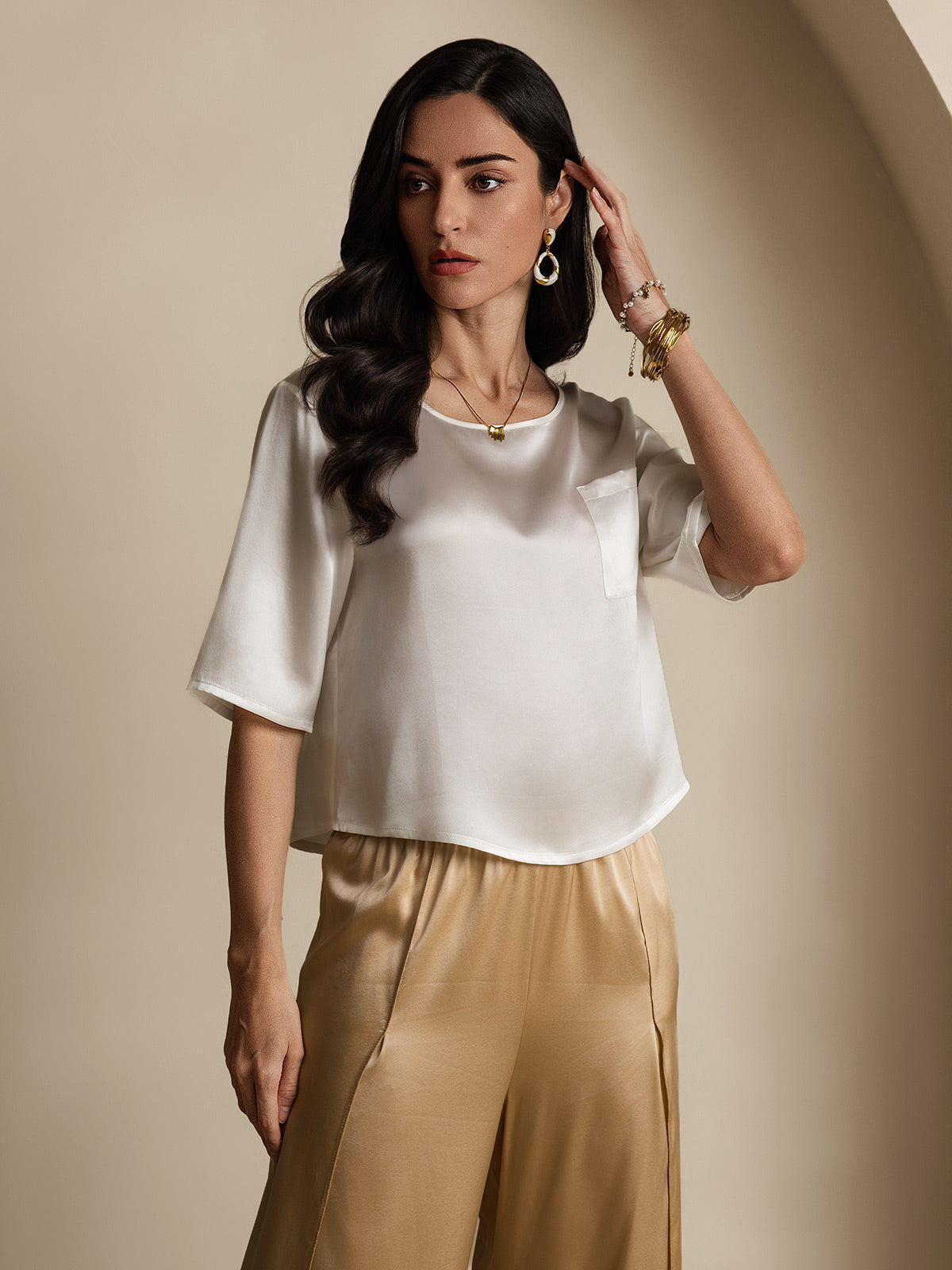 [White] SilkSilky  Pure Silk Boat Neck Women's T-Shirt 004