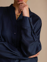 [Dark Blue] SilkSilky Long Sleeve Split Women's Blouse 005
