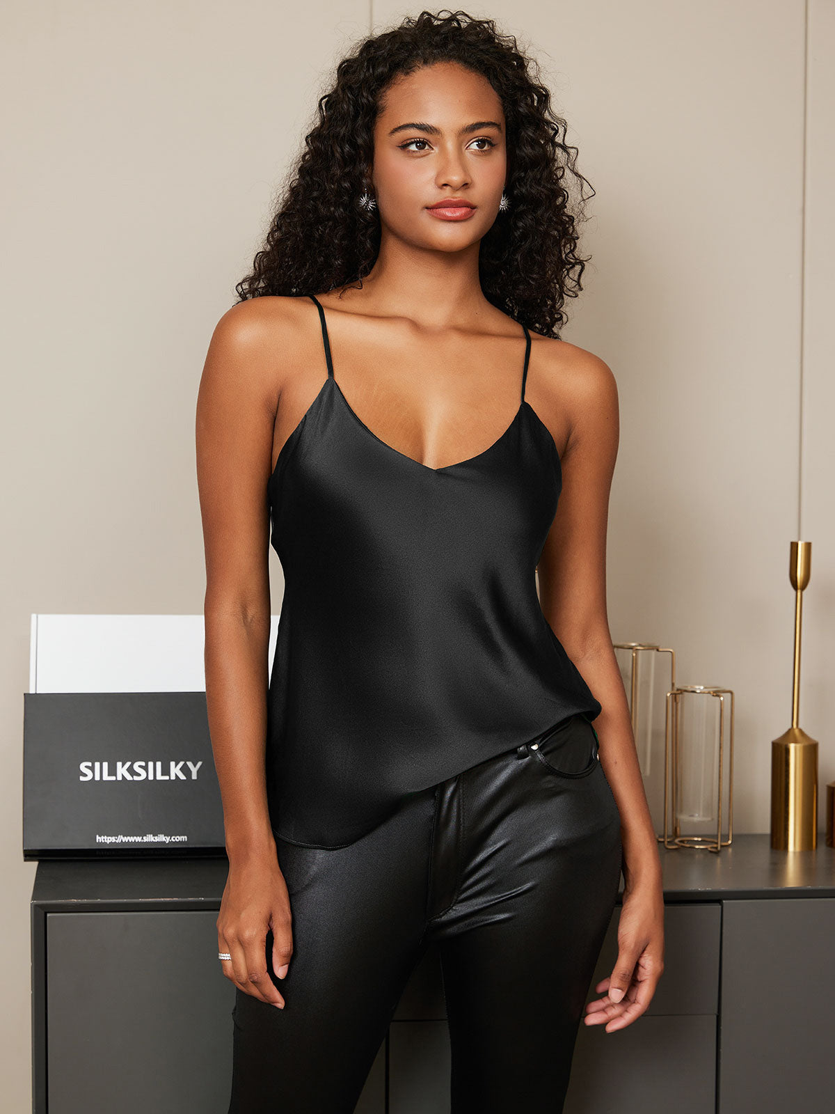 [Black] SilkSilky  Pure Silk V Neck Camisole Top 005