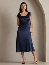 [Dark Blue] SilkSilky  19Momme Stretch Silk Charmeuse Cap Sleeve Scoop Neck Dress 001