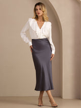 [White] SilkSilky Long Sleeve Deep V Neck Women's Blouse 007
