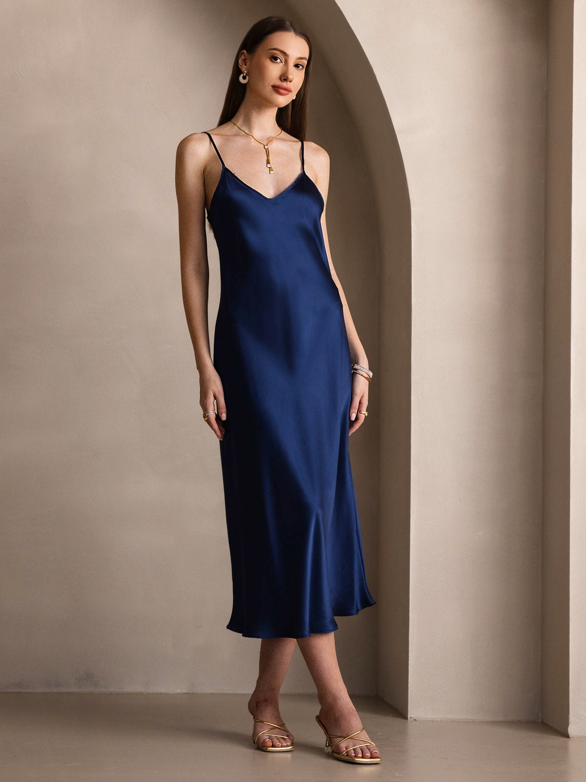 [Dark Blue] SilkSilky  Pure Silk Round Neck Dress 004
