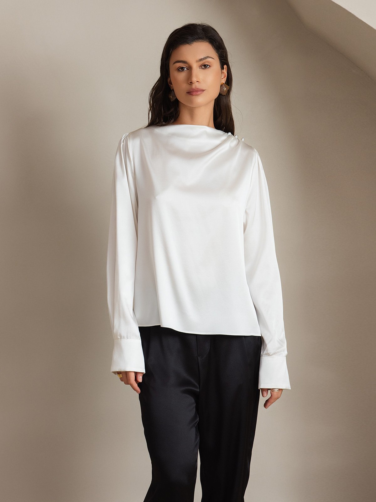 [White] SilkSilky  19Momme Silk Boat Neck Women's Shirt 006