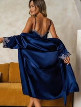 [Dark Blue] SilkSilky  3/4 Sleeve V Neck Nightgown&Robe Set 002