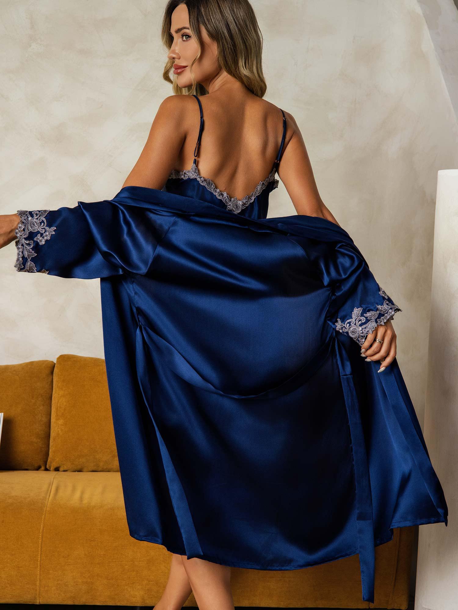 [Dark Blue] SilkSilky  Pure Silk V Neck Nightgown&Robe Set 002,