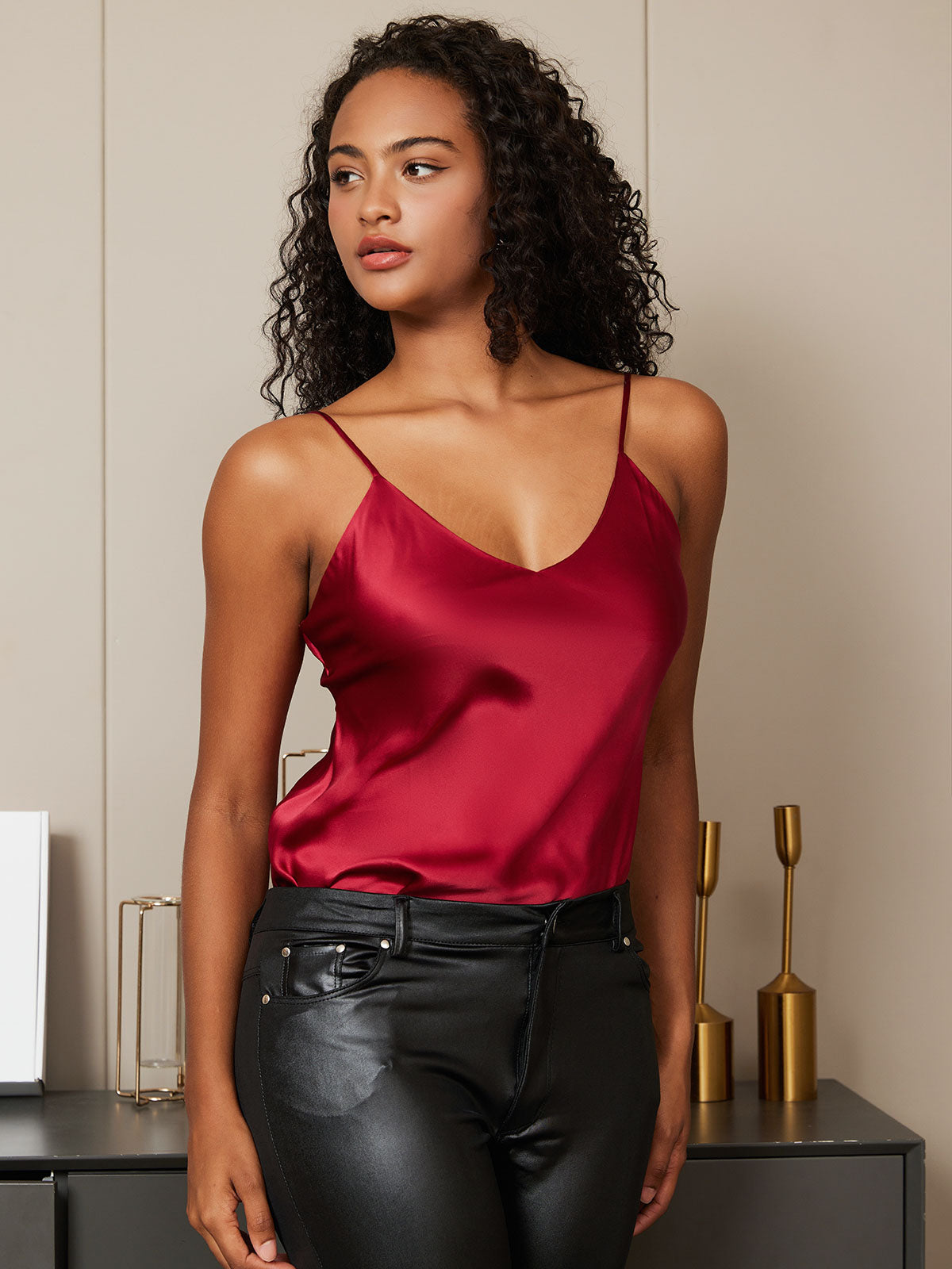 SilkSilky  Pure Silk Sleeveless V Neck Camisole Top DarkRed 002